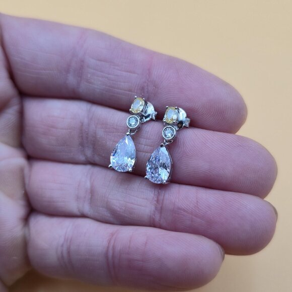 Sterling Silver Brilliant Yellow And Clear Cubic Zirconia Earrings A4557 - Picture 4 of 8